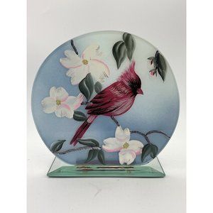 Glass Candle Holder Painted Cardinal Mirrored Apple Blossoms Tea Light